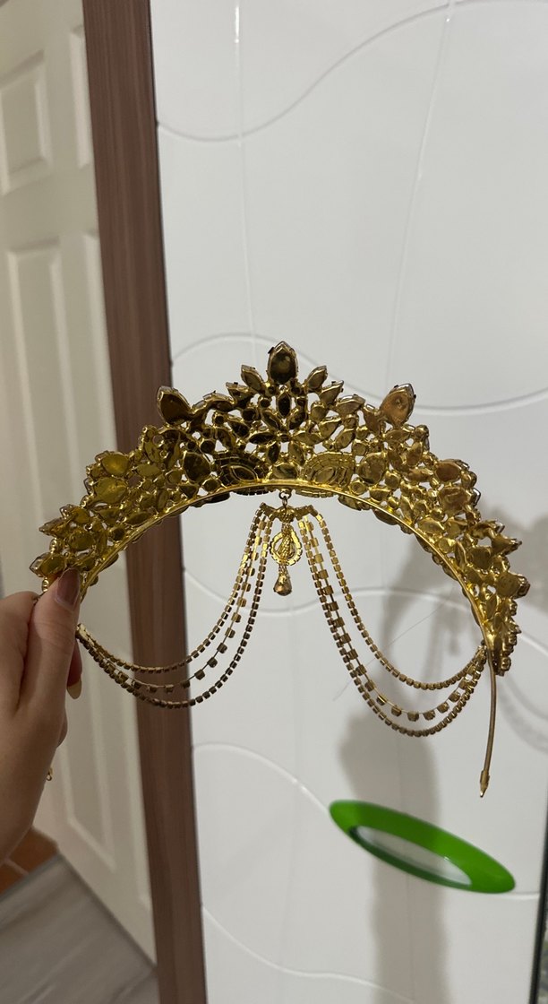 Zincir Detaylı Gold Parlak Altın Gelin Tacı - Görsel 2