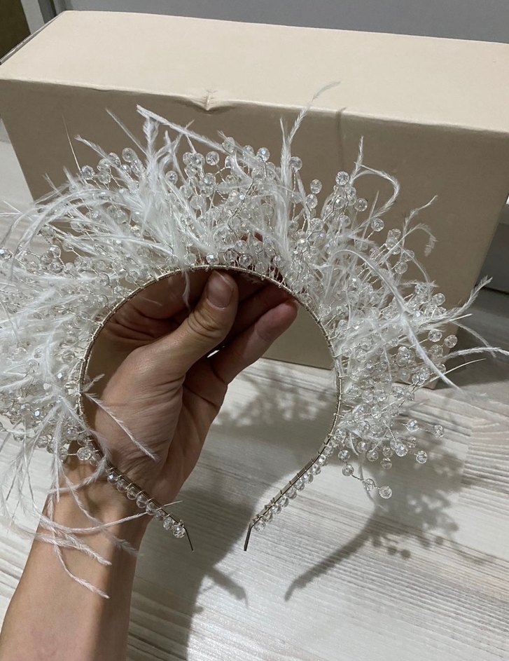 Tüylü Boncuklu Beyaz Bohem Gelin Tacı - Görsel 2