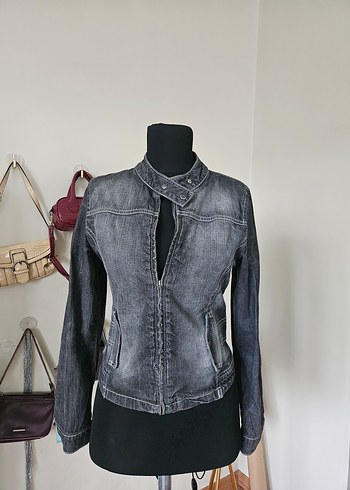 Gri Kadın Denim Biker Ceket - Görsel 2