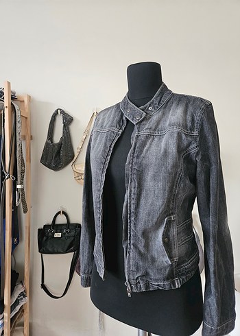 Gri Kadın Denim Biker Ceket - Görsel 3