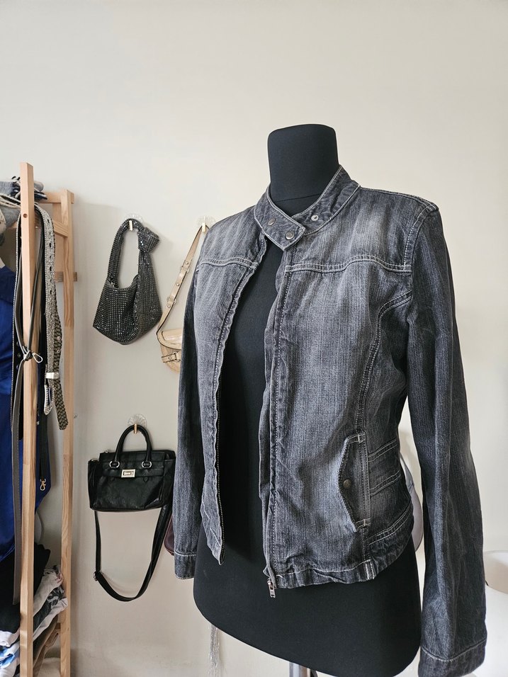 Gri Kadın Denim Biker Ceket - Görsel 3