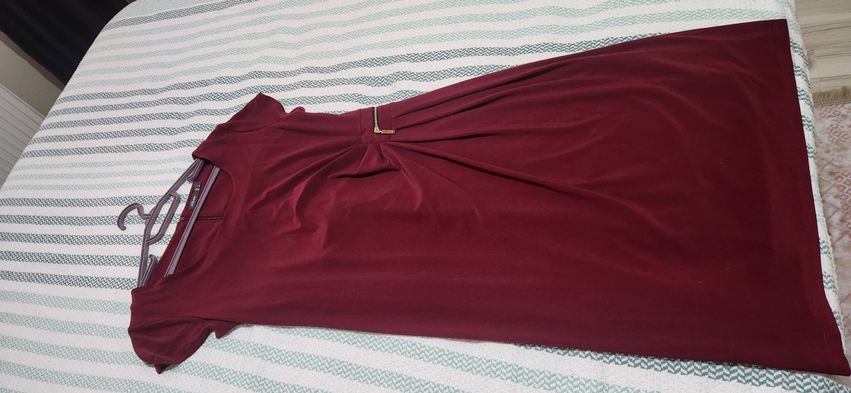 Bordo Drapeli V Yakalı Kadın Elbise - Görsel 3