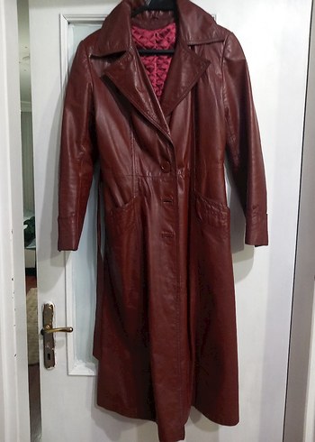 Bordo Deri Kemerli Uzun Kadın Ceket - Görsel 2