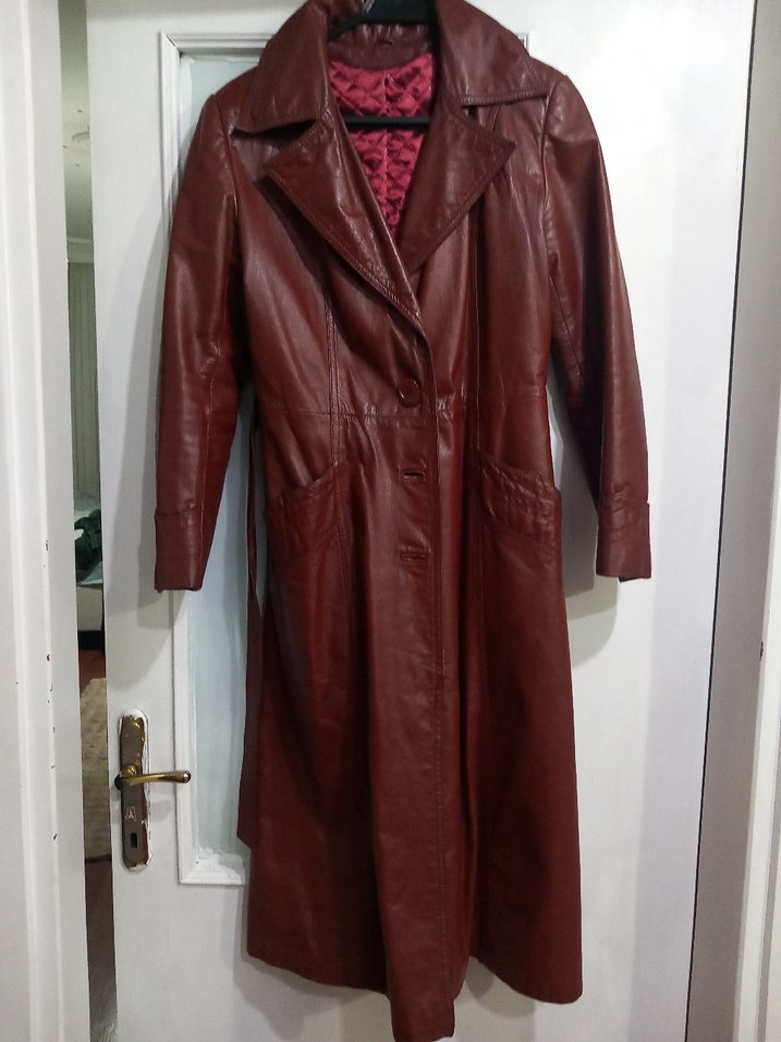 Bordo Deri Kemerli Uzun Kadın Ceket - Görsel 2