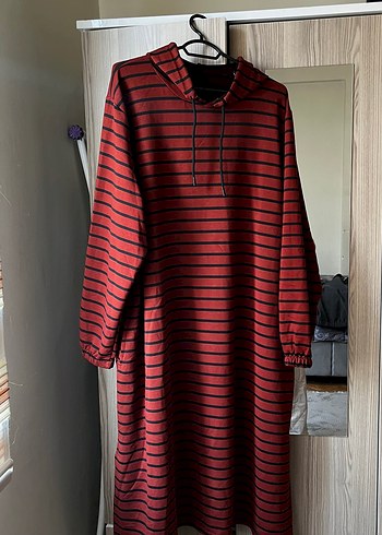 Koyu Kiremit rengi Çizgili Uzun Triko Elbise - Görsel 2
