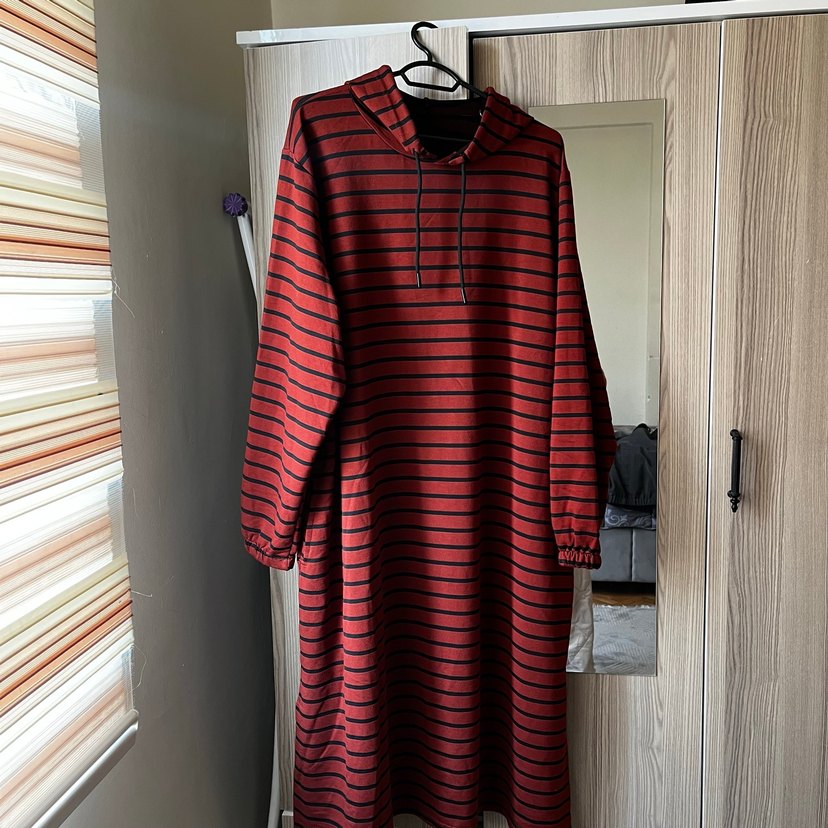 Koyu Kiremit rengi Çizgili Uzun Triko Elbise - Görsel 2