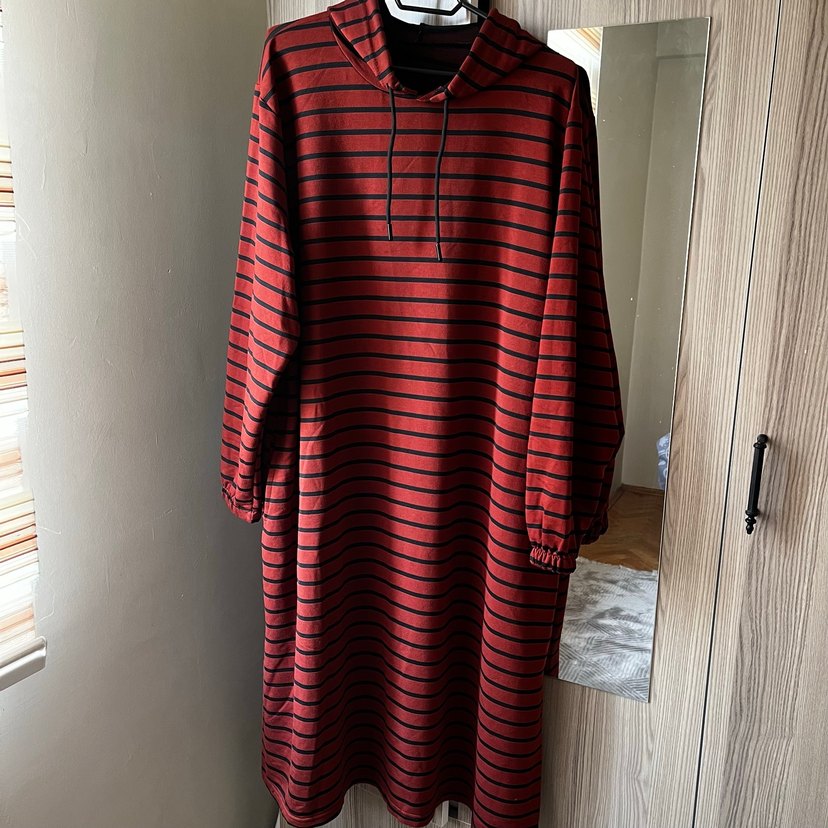 Koyu Kiremit rengi Çizgili Uzun Triko Elbise - Görsel 4