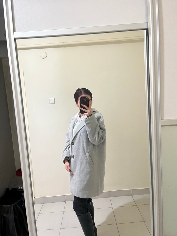 Gri Midi Kabanı, Rahat Kesim kışlık - Görsel 5