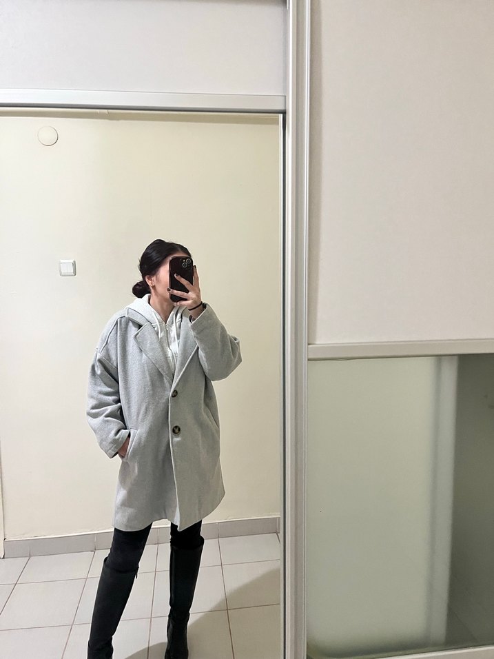 Gri Midi Kabanı, Rahat Kesim kışlık - Görsel 3