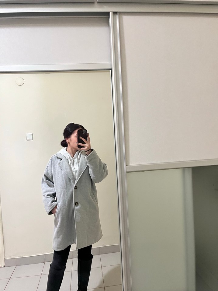 Gri Midi Kabanı, Rahat Kesim kışlık - Görsel 4