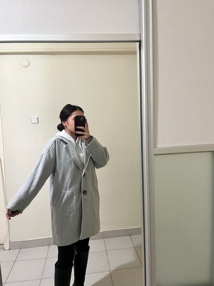 Gri Midi Kabanı, Rahat Kesim kışlık - Görsel 2