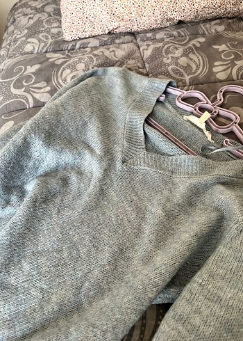 Gri V Yaka Örgü Kadın Kazak - Görsel 5