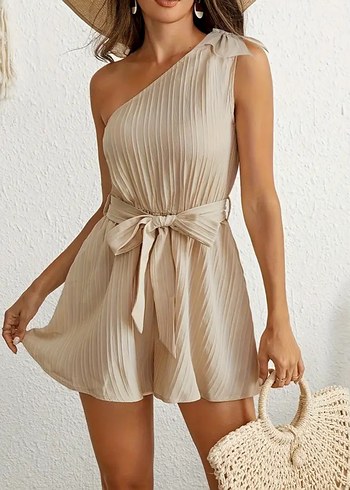 Bej Drapeli Kısa Tek Omuzlu Tulum - Görsel 4