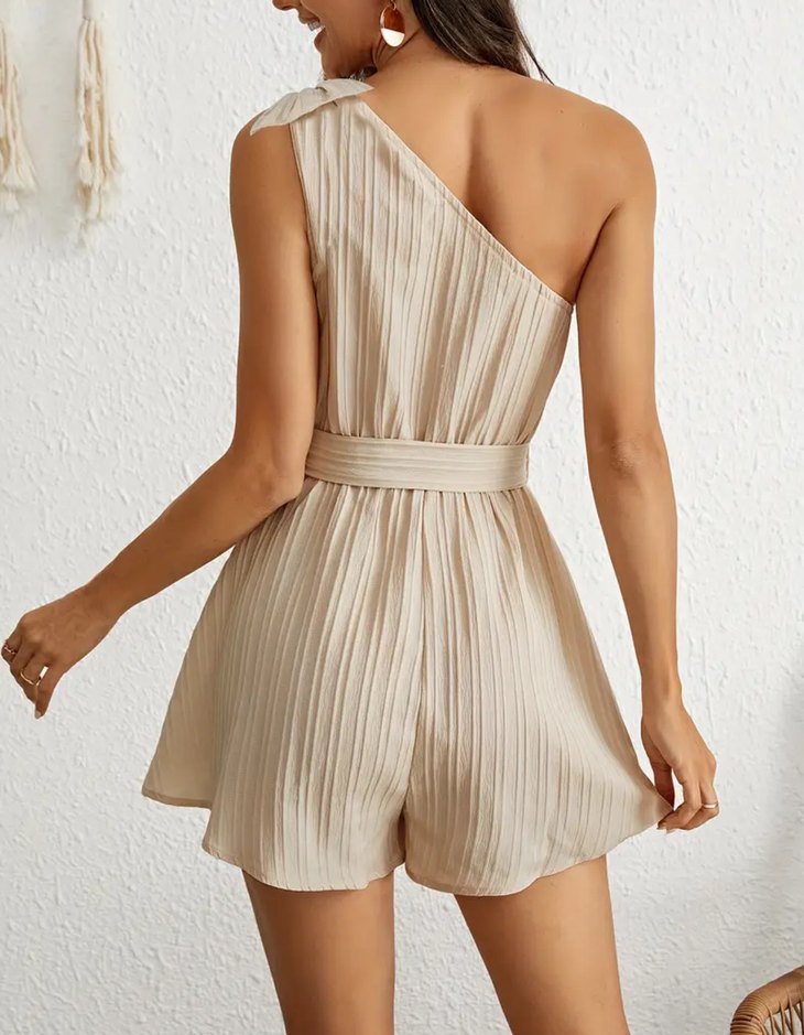 Bej Drapeli Kısa Tek Omuzlu Tulum - Görsel 3