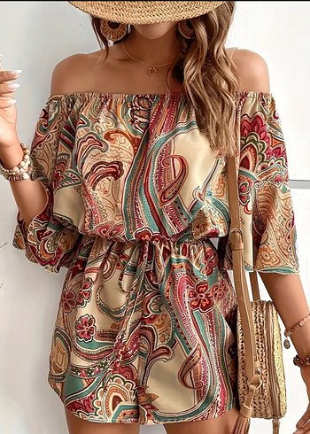 Bohem Çok Renkli Straplez Mini Tulum - Görsel 3