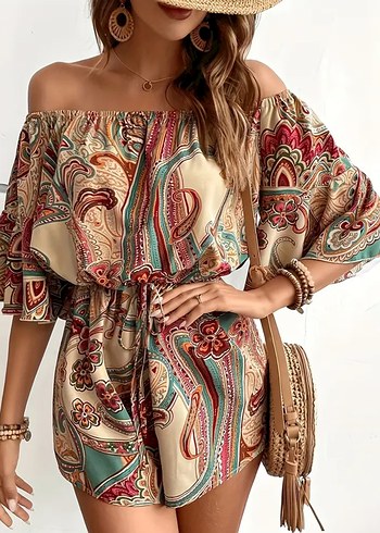 Bohem Çok Renkli Straplez Mini Tulum - Görsel 2