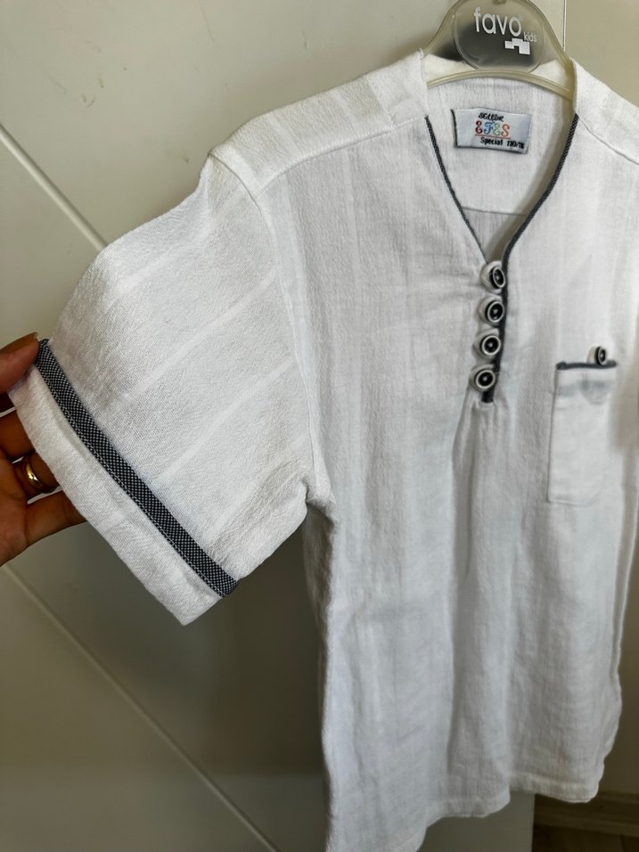 Erkek Çocuk Keten Kısa Kollu V Yaka Gömlek - Görsel 2