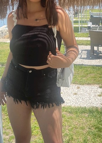 l Beden siyah Renk Beyaz Askılı Siyah Midi Crop Top