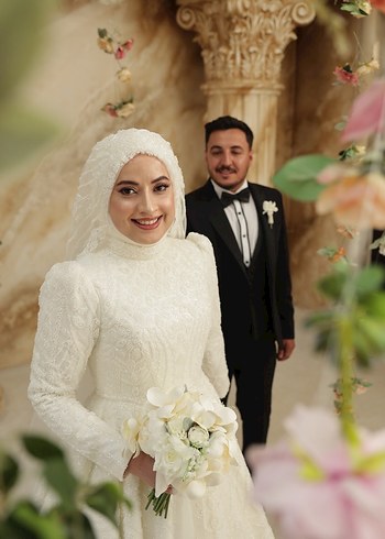 Gelinlik Uzun Kollu Beyaz A-Line Düğün Elbisesi