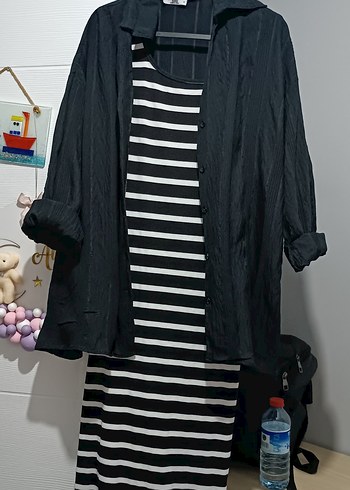 Çizgili Uzun Siyah Kadın Elbise - Görsel 2