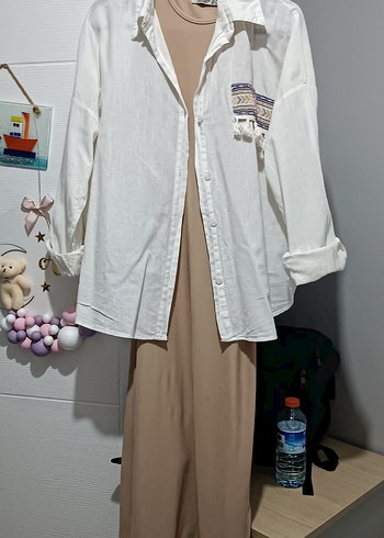 Bej Yüksek Yakalı Uzun Kadın Elbise - Görsel 4