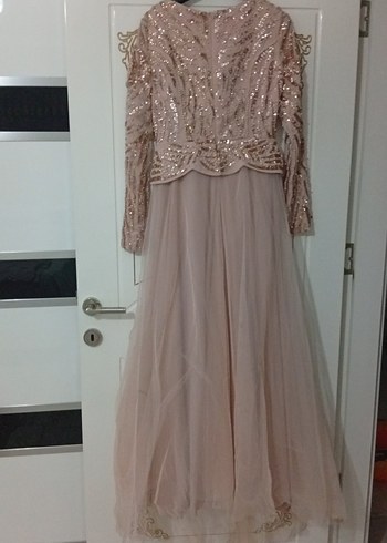 Uzun Kol Drapeli Bej Abiye Elbise - Görsel 2