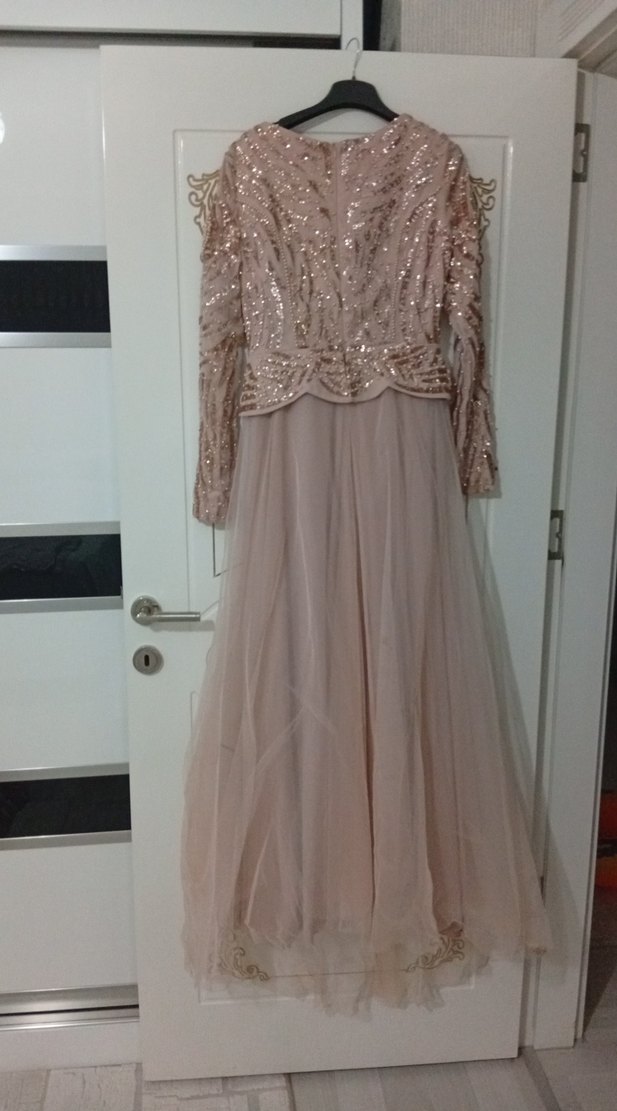 Uzun Kol Drapeli Bej Abiye Elbise - Görsel 2