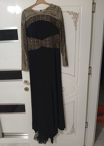 Kahverengi Desenli Uzun Kollu Kadın Abiye Elbise - Görsel 2