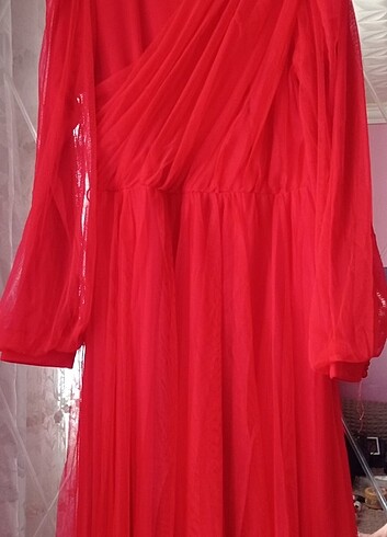 Kırmızı Tül abiye elbise 