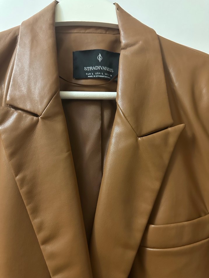 Stradivarius Düğmeli Kahverengi Deri Kadın Ceket - Görsel 5