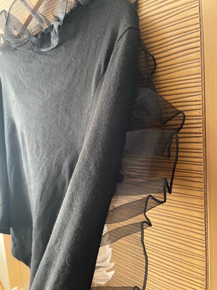 Uzun tek  Kollu Siyah Fırfırlı Kadın Bluz - Görsel 4