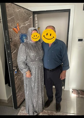 Payetli Uzun Gri Tesettür Abiye Elbise