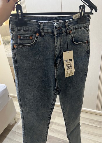 Düğmeli, Baskılı Mavi Kadın Kot Pantolon
