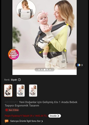 Beden GROWNSY 6'sı 1 Arada Ergonomik Bebek Taşıyıcı Gri