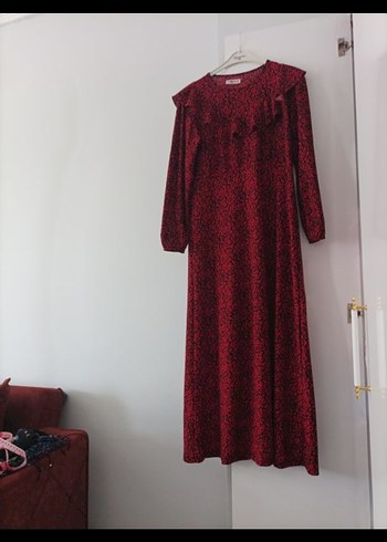 Bordo Uzun Kollu Fırfırlı Uzun Elbise