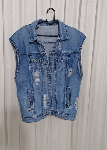 Düğmeli Mavi Kolsuz Denim Ceket - Görsel 2