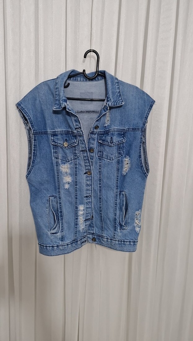 Düğmeli Mavi Kolsuz Denim Ceket - Görsel 2