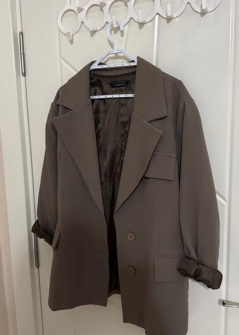 l Beden camel Renk Bej Düğmeli Kadın Keten Blazer Ceket