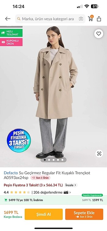 m Beden camel Renk Trençkot
