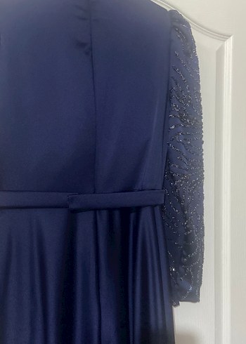 Uzun Kollu Drapeli Lacivert  uzun Abiye Elbise - Görsel 4