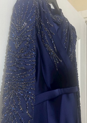 Uzun Kollu Drapeli Lacivert  uzun Abiye Elbise - Görsel 2