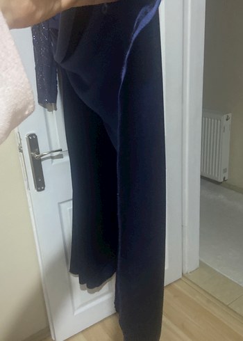 Uzun Kollu Drapeli Lacivert  uzun Abiye Elbise - Görsel 5