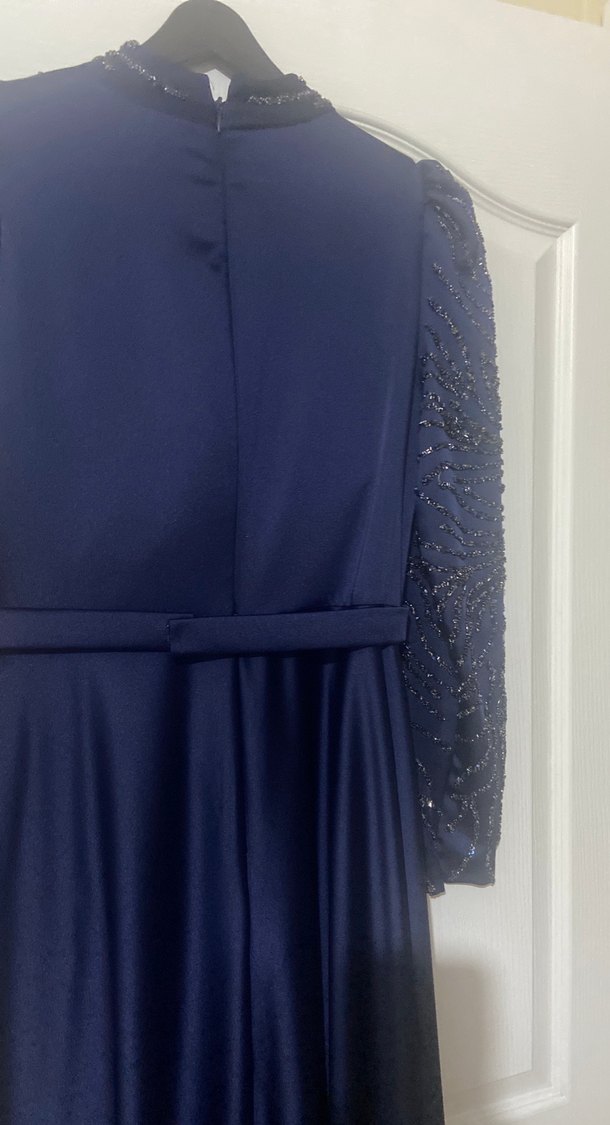 Uzun Kollu Drapeli Lacivert  uzun Abiye Elbise - Görsel 4