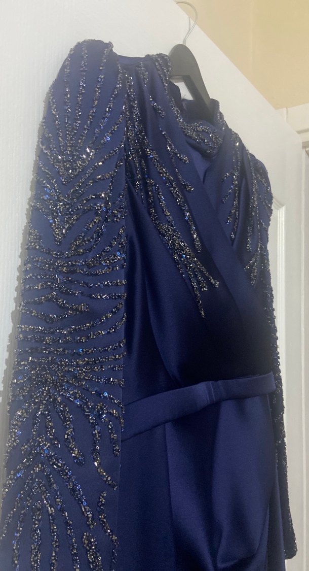 Uzun Kollu Drapeli Lacivert  uzun Abiye Elbise - Görsel 2