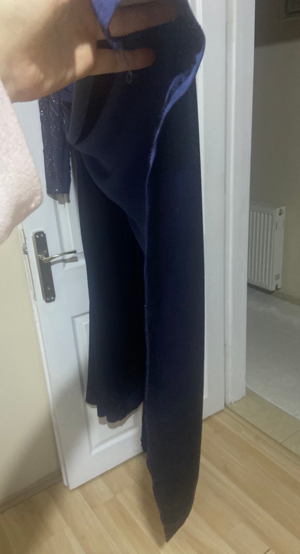 Uzun Kollu Drapeli Lacivert  uzun Abiye Elbise - Görsel 5