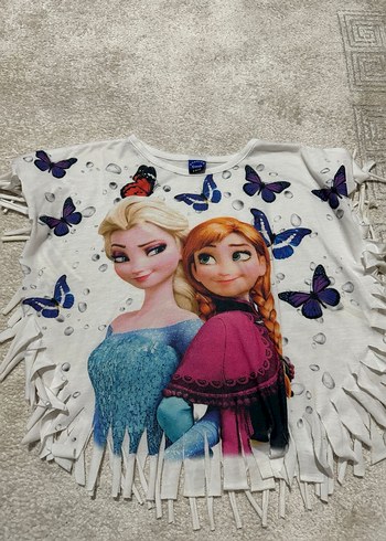 Beyaz Kız Çocuk Baskılı Püsküllü Tişört