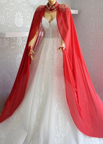 Kırmızı Gelinlik Üstü Pelerin Şifon - Görsel 7