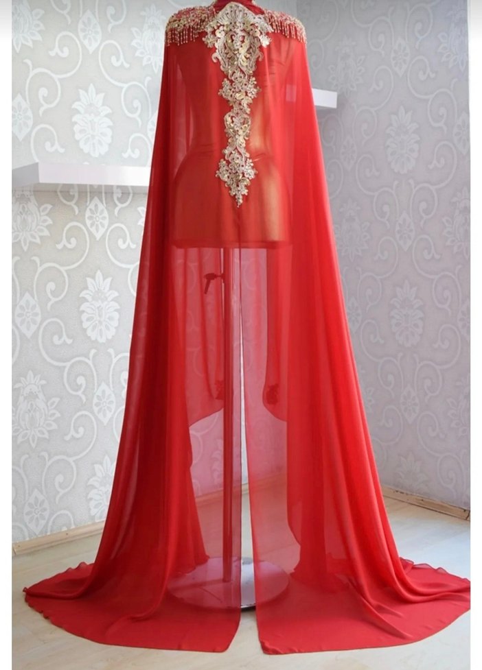 Kırmızı Gelinlik Üstü Pelerin Şifon - Görsel 5