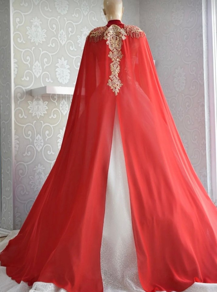 Kırmızı Gelinlik Üstü Pelerin Şifon - Görsel 2