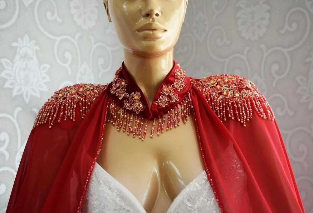 Kırmızı Gelinlik Üstü Pelerin Şifon - Görsel 3